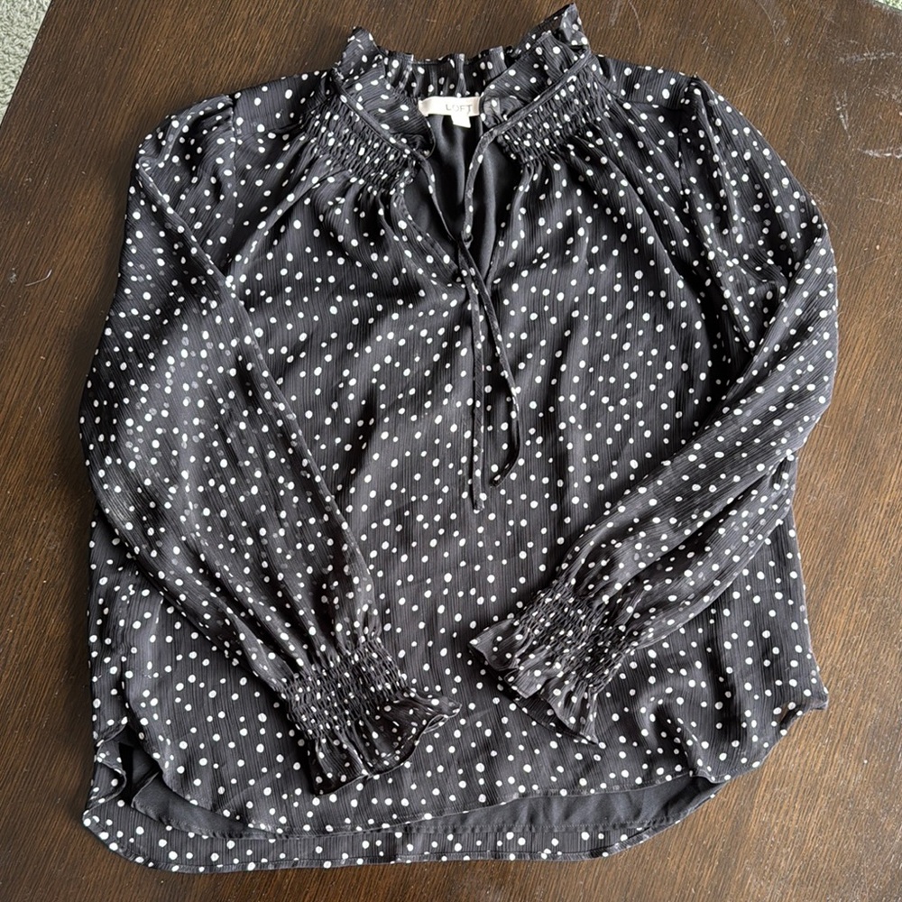 LOFT Black and Red Smocked Blouse with 3/4 Sleeves
